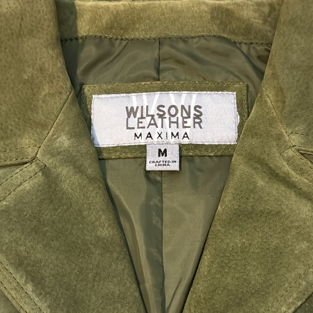Wilsons Leather Soft Suede Vtg Avocado Green Pockets Lined Button Car Coat M - Picture 3 of 17